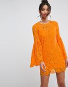 Asos Lace Trumpet Sleeve Mini Dress - Orange
