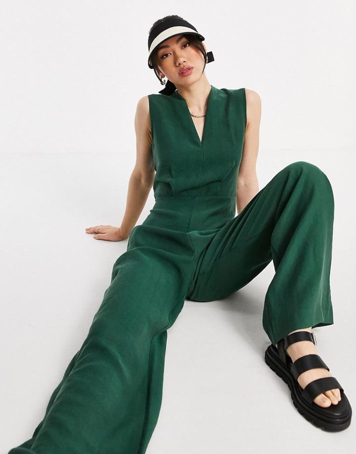 Mango Sleeveless Jumpsuit With Waist Detail In Green-neutral
