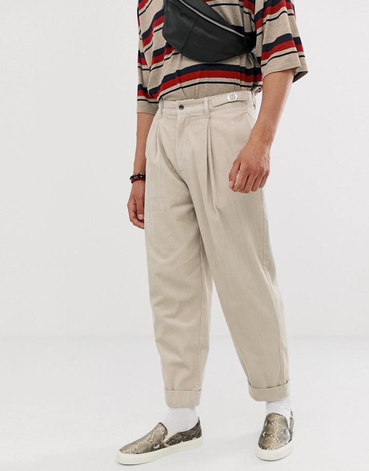 Asos Design Balloon Pants In Putty Cord With Pleats-beige