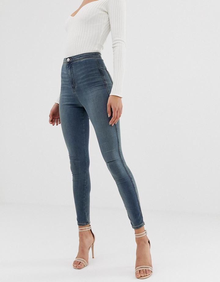 Asos Design Rivington High Waisted Jeggings In Mid Green Wash Blue - Blue