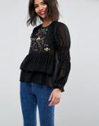 Asos Embroidered Poet Sleeve Blouse - Black