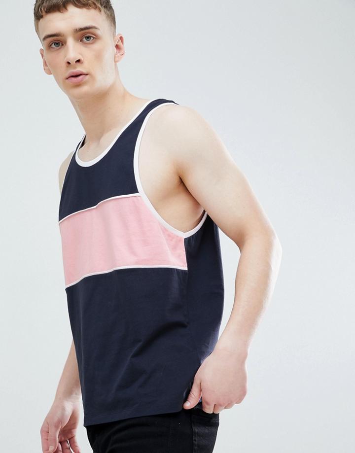 Asos Design Sleeveless Tank With Color Block In Polytricot In Navy - Navy