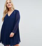 Asos Curve V Neck Pleated Trapeze Swing Dresss - Navy