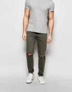 Asos Skinny Jeans In Dark Green With Rips - Forest Night