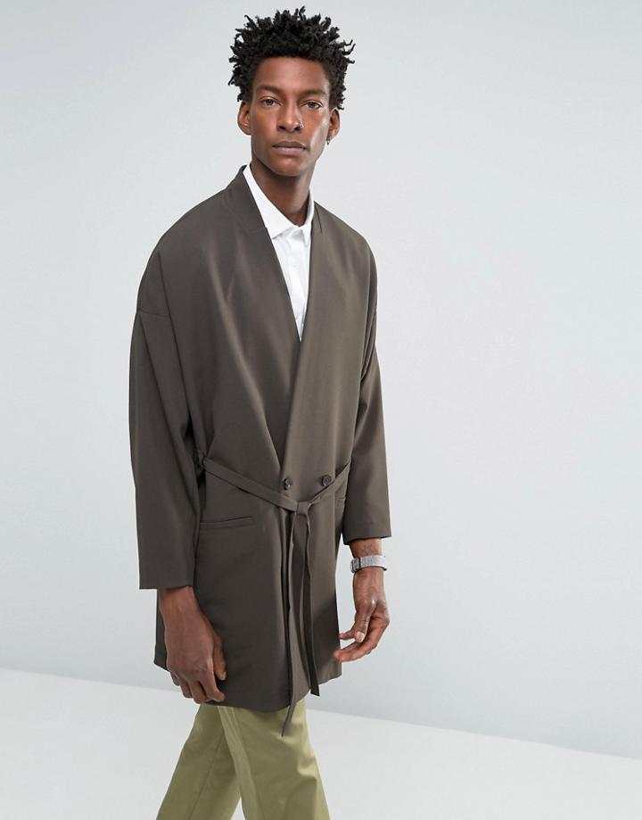 Asos Longline Blazer In Khaki - Green