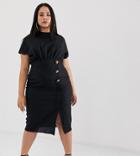Asos Design Curve Linen Midi Dress With High Neck And Tortoiseshell Buttons-black