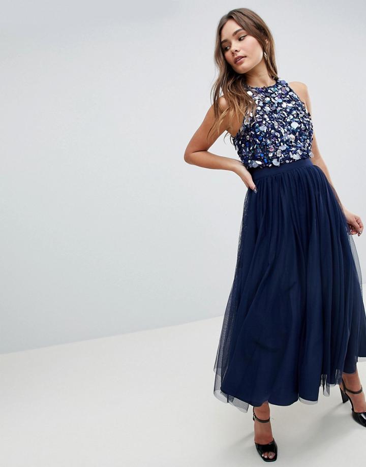Asos Embellished Cluster Crop Top Tulle Midi Dress-navy