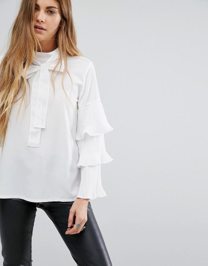 Navy London Brandy Tie Neck Top With Layered Sleeves - White