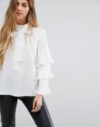 Navy London Brandy Tie Neck Top With Layered Sleeves - White