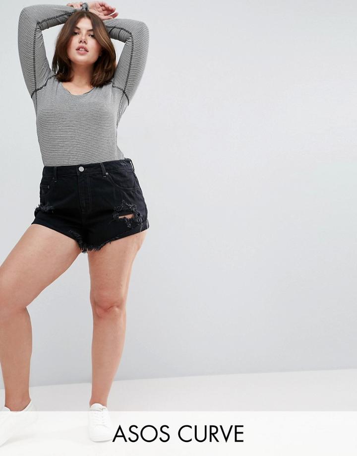 Asos Curve Shredded Denim Shorts In Black - Black
