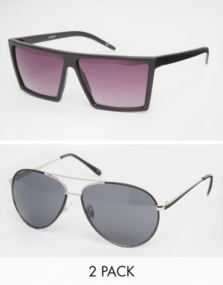 Asos 2 Pack Aviator And Flatbrow Sunglasses Save 25% - Black