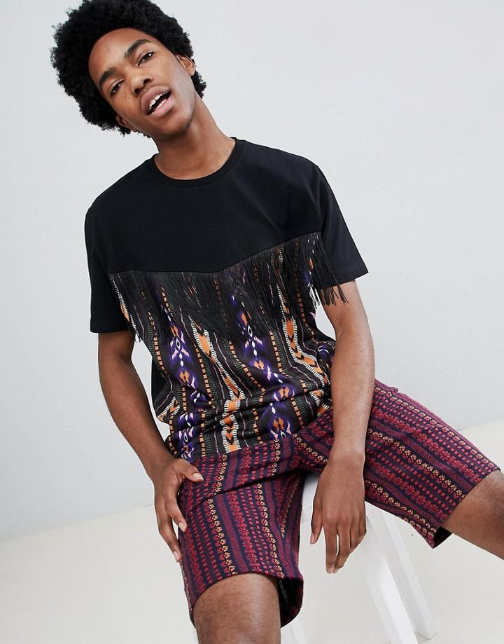 Asos Design Relaxed T-shirt With Festival Geo-tribal Panel And Tassles - Black