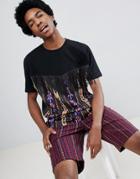 Asos Design Relaxed T-shirt With Festival Geo-tribal Panel And Tassles - Black