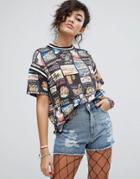 Asos T-shirt With Mix And Match Postcard Print And Stripe Tipping - Multi
