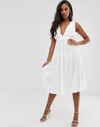 Asos Design Plunge Plisse Mid Dress With Tie Back - White