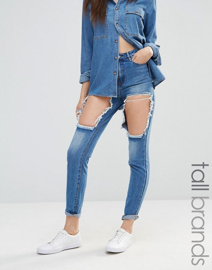 Missguided Tall High Waisted Thigh Rip Skinny Jeans - Stonewash