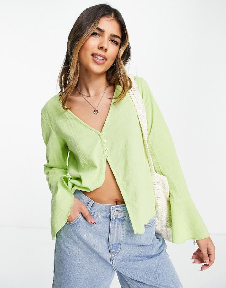 Stradivarius Textured 90s Slimline Split Front Top In Pistachio-green