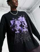 Asos Design Oversized Long Sleeve T-shirt In Black With Skull Print And Studs