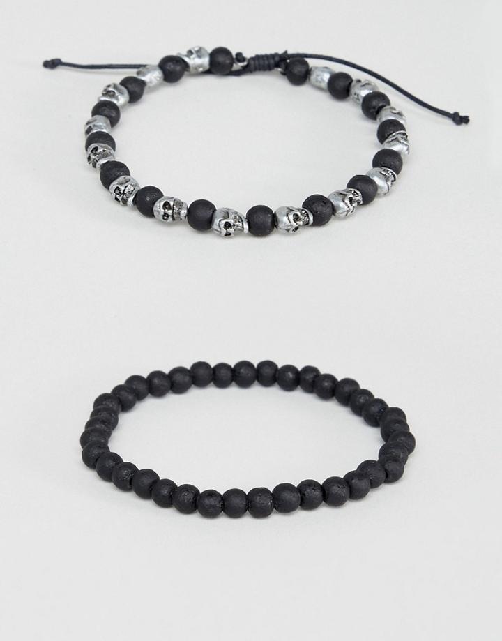 Asos Design Beaded Bracelet 2 Pack With Skulls In Burnished Silver - Black