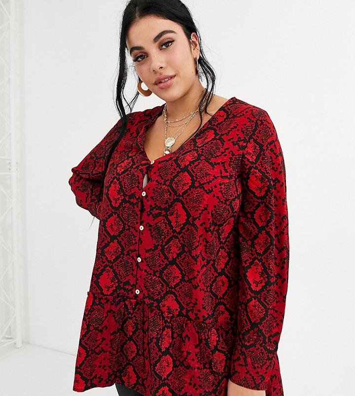 Simply Be Smock Blouse With Frill Hem In Red Leopard