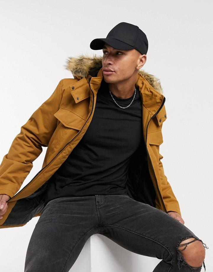 Threadbare Parka With Faux Fur Hood In Tan-brown