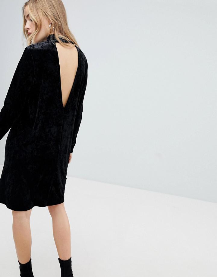 Pieces Velvet High Neck Dress With Deep V Back-black