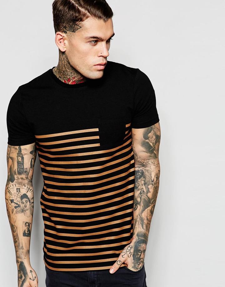 Asos Muscle T-shirt With Placement Stripe In Tan