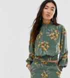 Monki Floral Print Cropped High Neck Top In Green