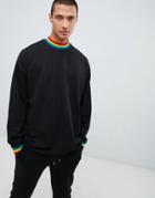 Asos Design Oversized Longline Long Sleeve T-shirt With Rainbow Neck And Cuff In Black - Black