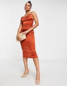 Parisian Satin Cami Strap Midi Dress With Cowl Neck In Rust-red