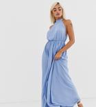 Asos Design Petite Halter Pleated Waisted Maxi Dress-blue