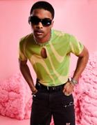 Asos Design Skinny T-shirt In Green Mesh Print With Front Cut Out In Recycled Polyester