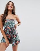 Asos Bandeau Jersey Romper With Tie Detail In Tropical Print - Multi