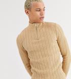 Asos Design Tall Muscle Fit Lightweight Cable Half Zip Sweater In Camel-tan