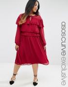 Asos Curve Skater Dress With Ruffle And Tie Sleeve - Red
