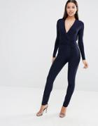 Club L Wrap Front Jumpsuit With Drawstring Waist - Navy