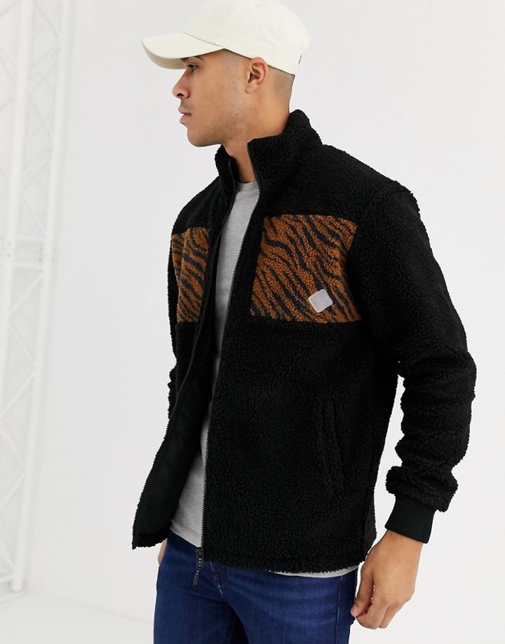 Jack & Jones Originals Zip Through Animal Print Fleece Sweat In Black