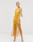 Asos Design Halter Embroidered Midi Dress With Fringe-yellow