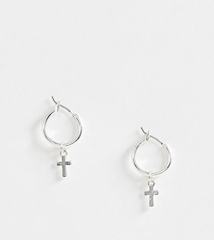 Asos Design Hoop Earrings With Cross In Silver Tone - Silver