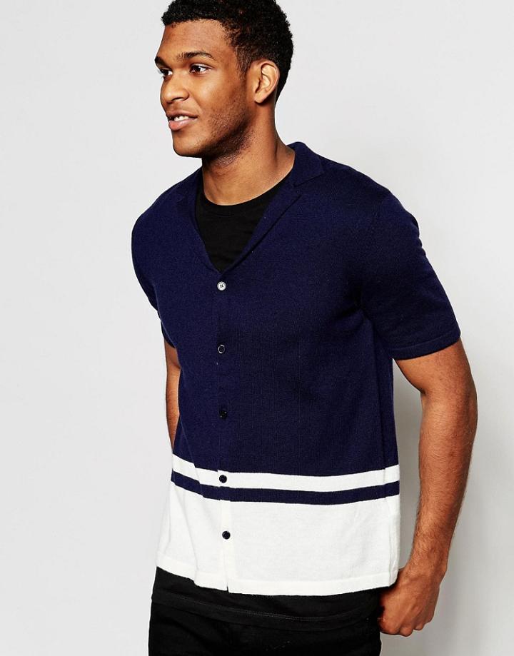 Asos Button Through Knitted Cardigan In Merino Wool Mix - Navy
