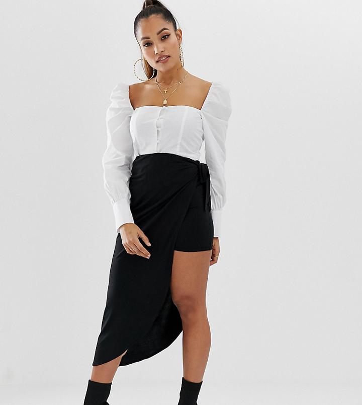 John Zack Petite Wrap Front Asymmetric Mini Skirt In Black - Black