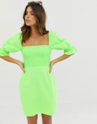 Asos Design Shirred Off Shoulder Mini Sundress In Neon Broderie-green