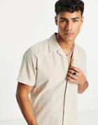 Selected Homme Linen Mix Revere Short Sleeve Shirt In Beige-neutral
