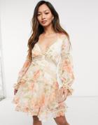 Asos Design Lace Insert Mini Dress With Button Detail In Garden Floral-multi