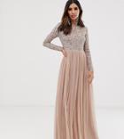 Maya Bridesmaid Long Sleeve Maxi Tulle Dress With Tonal Delicate Sequins In Taupe Blush-brown
