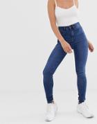 Noisy May High Waisted Skinny Jeans In Mid Blue Wash