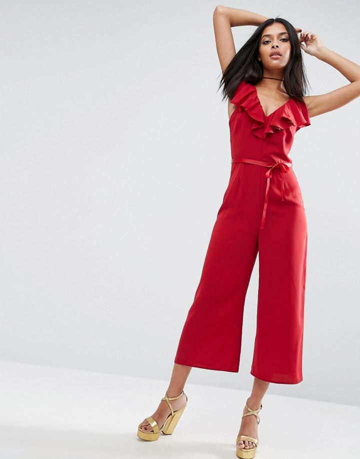 Asos Jumpsuit With Ruffle Shoulder Detail - Red