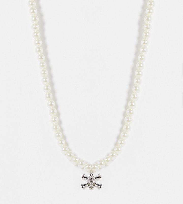 Asos Design Curve Necklace With Pearl And Skull Cross Bones Pendant-silver