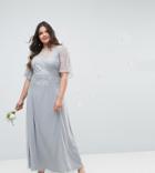 Asos Curve Wedding Embellished Lace Insert Flutter Sleeve Maxi Dress - Gray