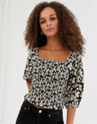 New Look Square Neck Puff Sleeve Blouse In Black Pattern - Black